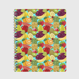 Тетрадь с принтом Фрукты в Новосибирске, 100% бумага | 48 листов, плотность листов — 60 г/м2, плотность картонной обложки — 250 г/м2. Листы скреплены сбоку удобной пружинной спиралью. Уголки страниц и обложки скругленные. Цвет линий — светло-серый
 | fruct pattern | pattern | ананас | апельсин | арбуз | банан | виноград | груша | киви | клубника | лимон | листья | малина | натюрморт | патерн | паттерн | рисунок | фрукт | фруктовый паттерн | фрукты | фрукты фон