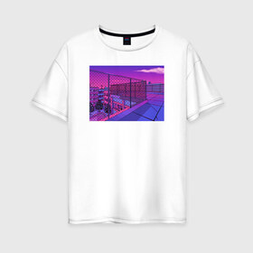 Женская футболка хлопок Oversize с принтом NFRNS -такты в Новосибирске, 100% хлопок | свободный крой, круглый ворот, спущенный рукав, длина до линии бедер
 | графика | игра | компьютерная графика | неон | пейзаж | пиксели | пиксельный пейзаж | фиолетовый