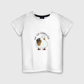 Детская футболка хлопок с принтом Ga-Ga-Gangster в Новосибирске, 100% хлопок | круглый вырез горловины, полуприлегающий силуэт, длина до линии бедер | Тематика изображения на принте: duck | бандит | гангстер | гусь | мафия | прикол | птица | утка | утка с пистолетом | юмор
