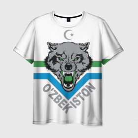 Мужская футболка 3D с принтом Узбекистан в Новосибирске, 100% полиэфир | прямой крой, круглый вырез горловины, длина до линии бедер | crescent | flag | islam | republic | uzbekistan | wolf | волк | ислам | полумесяц | республика | узбекистан | флаг