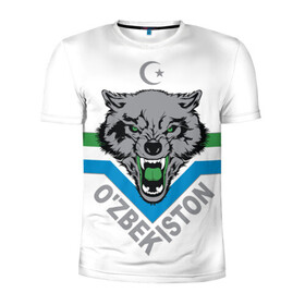 Мужская футболка 3D спортивная с принтом Узбекистан в Новосибирске, 100% полиэстер с улучшенными характеристиками | приталенный силуэт, круглая горловина, широкие плечи, сужается к линии бедра | crescent | flag | islam | republic | uzbekistan | wolf | волк | ислам | полумесяц | республика | узбекистан | флаг