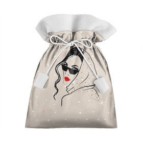 Подарочный 3D мешок с принтом Модная девушка в очках в Новосибирске, 100% полиэстер | Размер: 29*39 см | Тематика изображения на принте: беж | брюнетка | гламур | девушка | красота | лицо | мода | очки | помада