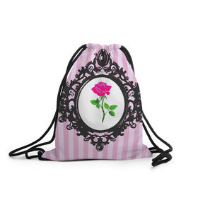Рюкзак-мешок 3D с принтом Роза в рамке в Новосибирске, 100% полиэстер | плотность ткани — 200 г/м2, размер — 35 х 45 см; лямки — толстые шнурки, застежка на шнуровке, без карманов и подкладки | классика | полоска | рамка | роза | розовый | черный