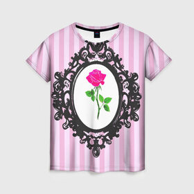 Женская футболка 3D с принтом Роза в рамке в Новосибирске, 100% полиэфир ( синтетическое хлопкоподобное полотно) | прямой крой, круглый вырез горловины, длина до линии бедер | классика | полоска | рамка | роза | розовый | черный