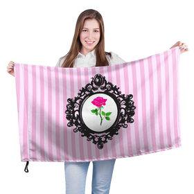 Флаг 3D с принтом Роза в рамке в Новосибирске, 100% полиэстер | плотность ткани — 95 г/м2, размер — 67 х 109 см. Принт наносится с одной стороны | классика | полоска | рамка | роза | розовый | черный