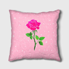 Подушка 3D с принтом Роза на розовом в Новосибирске, наволочка – 100% полиэстер, наполнитель – холлофайбер (легкий наполнитель, не вызывает аллергию). | состоит из подушки и наволочки. Наволочка на молнии, легко снимается для стирки | женственно | красота | роза | розовый | снежинки | фуксия | цветок | шик