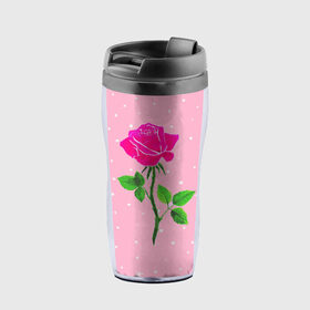 Термокружка-непроливайка с принтом Роза на розовом в Новосибирске, внутренняя часть — пищевой пластик, наружная часть — прозрачный пластик, между ними — полиграфическая вставка с рисунком | объем — 350 мл, герметичная крышка | Тематика изображения на принте: женственно | красота | роза | розовый | снежинки | фуксия | цветок | шик