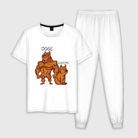 Мужская пижама хлопок с принтом Качок Доге и маленький Чимс в Новосибирске, 100% хлопок | брюки и футболка прямого кроя, без карманов, на брюках мягкая резинка на поясе и по низу штанин
 | bodybuilder | cheems | chims | cool | cry | crying | doge | japan | japanese | little | meme | memes | power | powerful | shiba inu | small | крутой | мемас | мемчик | накаченный | песель | песик | плакса | плачет | порода | сиба ину | собак