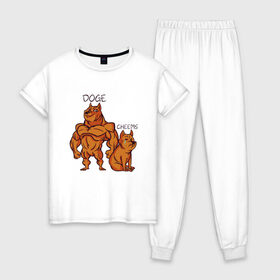 Женская пижама хлопок с принтом Качок Доге и маленький Чимс в Новосибирске, 100% хлопок | брюки и футболка прямого кроя, без карманов, на брюках мягкая резинка на поясе и по низу штанин | bodybuilder | cheems | chims | cool | cry | crying | doge | japan | japanese | little | meme | memes | power | powerful | shiba inu | small | крутой | мемас | мемчик | накаченный | песель | песик | плакса | плачет | порода | сиба ину | собак