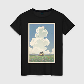 Женская футболка хлопок с принтом blue sky в Новосибирске, 100% хлопок | прямой крой, круглый вырез горловины, длина до линии бедер, слегка спущенное плечо | весна | картинка | корея | лес | лето | машина | на каждый день | небо | облака | парень | поле | птицы | рисунок | токио | тоторо | фон | хаяо миядзаки | цветок | цветы | япония