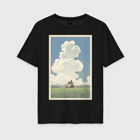 Женская футболка хлопок Oversize с принтом blue sky в Новосибирске, 100% хлопок | свободный крой, круглый ворот, спущенный рукав, длина до линии бедер
 | весна | картинка | корея | лес | лето | машина | на каждый день | небо | облака | парень | поле | птицы | рисунок | токио | тоторо | фон | хаяо миядзаки | цветок | цветы | япония