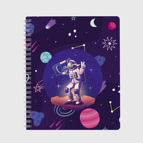 Тетрадь с принтом Space disco в Новосибирске, 100% бумага | 48 листов, плотность листов — 60 г/м2, плотность картонной обложки — 250 г/м2. Листы скреплены сбоку удобной пружинной спиралью. Уголки страниц и обложки скругленные. Цвет линий — светло-серый
 | astronaut | gesture | planet | recorder | space | spacesuit | star | жест | звезда | космонавт | космос | магнитофон | очки | планета