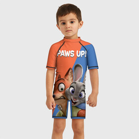 Детский купальный костюм 3D с принтом Paws Up! в Новосибирске, Полиэстер 85%, Спандекс 15% | застежка на молнии на спине | judy hopps | nick wilde | vdosadir | zootopia | zotropolis | джуди хопс | зверополис | кролик | лис | ник уайлд