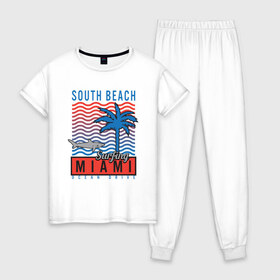 Женская пижама хлопок с принтом Miami South Beach в Новосибирске, 100% хлопок | брюки и футболка прямого кроя, без карманов, на брюках мягкая резинка на поясе и по низу штанин | beach | miami | акула | майами | майями | маями | море | океан | отдых | пальма | пляж | юг
