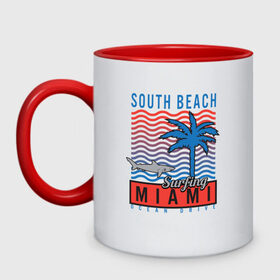 Кружка двухцветная с принтом Miami South Beach в Новосибирске, керамика | объем — 330 мл, диаметр — 80 мм. Цветная ручка и кайма сверху, в некоторых цветах — вся внутренняя часть | Тематика изображения на принте: beach | miami | акула | майами | майями | маями | море | океан | отдых | пальма | пляж | юг