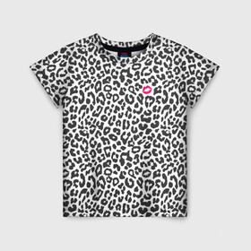 Детская футболка 3D с принтом Kiss в Новосибирске, 100% гипоаллергенный полиэфир | прямой крой, круглый вырез горловины, длина до линии бедер, чуть спущенное плечо, ткань немного тянется | art | background | kiss | leopard | lips | spots | texture | арт | губы | леопард | поцелуй | пятна | текстура | фон