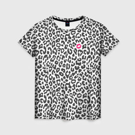 Женская футболка 3D с принтом Kiss в Новосибирске, 100% полиэфир ( синтетическое хлопкоподобное полотно) | прямой крой, круглый вырез горловины, длина до линии бедер | art | background | kiss | leopard | lips | spots | texture | арт | губы | леопард | поцелуй | пятна | текстура | фон