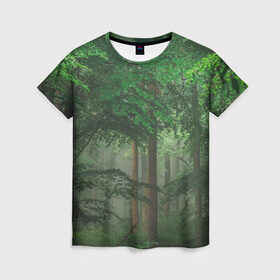 Женская футболка 3D с принтом Тропический лес в Новосибирске, 100% полиэфир ( синтетическое хлопкоподобное полотно) | прямой крой, круглый вырез горловины, длина до линии бедер | деревья | джунгли | зеленый лес | зелень | лес | тропики | тропический лес