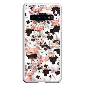 Чехол для Samsung Galaxy S10 с принтом Коровы в Новосибирске, Силикон | Область печати: задняя сторона чехла, без боковых панелей | Тематика изображения на принте: бык | говядина | корова | паттерн | рога | стадо | теленок | тёлка