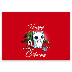 Поздравительная открытка с принтом Happy Catmas в Новосибирске, 100% бумага | плотность бумаги 280 г/м2, матовая, на обратной стороне линовка и место для марки
 | 2021 | cat | catmas | christmas | happy new year | merry christmas | new year | герлянда | кот | котейка | котики | новый год | праздник | рождество