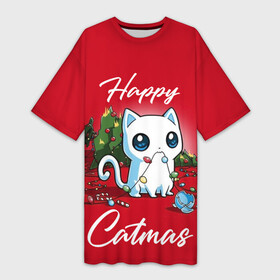 Платье-футболка 3D с принтом Happy Catmas в Новосибирске,  |  | 2021 | cat | catmas | christmas | happy new year | merry christmas | new year | герлянда | кот | котейка | котики | новый год | праздник | рождество