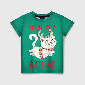 Детская футболка 3D с принтом Meow-rry Catmas в Новосибирске, 100% гипоаллергенный полиэфир | прямой крой, круглый вырез горловины, длина до линии бедер, чуть спущенное плечо, ткань немного тянется | Тематика изображения на принте: 2021 | cat | catmas | christmas | happy new year | merry christmas | new year | кот | котейка | котики | новый год | праздник | рождество