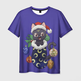 Мужская футболка 3D с принтом Luna Happy New Year в Новосибирске, 100% полиэфир | прямой крой, круглый вырез горловины, длина до линии бедер | 2021 | cat | catmas | christmas | happy new year | merry christmas | new year | аниме | кот | котейка | котики | луна | манга | новый год | праздник | рождество | сейлормун