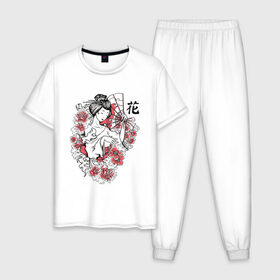 Мужская пижама хлопок с принтом Гейша в Новосибирске, 100% хлопок | брюки и футболка прямого кроя, без карманов, на брюках мягкая резинка на поясе и по низу штанин
 | geisha | japan | веер | девушка | женщина | иероглиф | иероглифы | кимоно | рисунок | сакура | цветочки | цветы | япония | японка