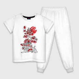 Детская пижама хлопок с принтом Япония в Новосибирске, 100% хлопок |  брюки и футболка прямого кроя, без карманов, на брюках мягкая резинка на поясе и по низу штанин
 | Тематика изображения на принте: japan | tiger | азия | буддизм | дерево | иероглиф | иероглифы | император | кимоно | краска | рисунок | сакура | самурай | солнце | терракота | тигр | хищник | япония | японский воин