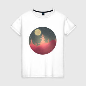 Женская футболка хлопок с принтом Полнолуние в Новосибирске, 100% хлопок | прямой крой, круглый вырез горловины, длина до линии бедер, слегка спущенное плечо | forest | full moon | moon | mountain | nature | night | stars | гора | горы | деревья | звезды | лес | луна | луная ночь | лунная ночь | ночь | пейзаж | полная луна | полнолуние | природа | рисунок