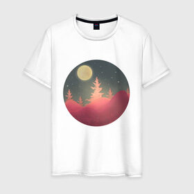Мужская футболка хлопок с принтом Полнолуние в Новосибирске, 100% хлопок | прямой крой, круглый вырез горловины, длина до линии бедер, слегка спущенное плечо. | Тематика изображения на принте: forest | full moon | moon | mountain | nature | night | stars | гора | горы | деревья | звезды | лес | луна | луная ночь | лунная ночь | ночь | пейзаж | полная луна | полнолуние | природа | рисунок