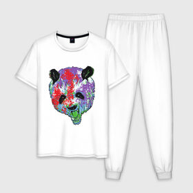 Мужская пижама хлопок с принтом Панда в Новосибирске, 100% хлопок | брюки и футболка прямого кроя, без карманов, на брюках мягкая резинка на поясе и по низу штанин
 | animal | animals | australia | bear | paint | panda | panda bear | австралия | голова | голова панды | животное | зубы | клыки | краска | краски | медведь | медведь панда | панда | пандочка | природа | рисунок