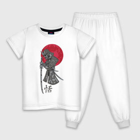 Детская пижама хлопок с принтом Самурай в Новосибирске, 100% хлопок |  брюки и футболка прямого кроя, без карманов, на брюках мягкая резинка на поясе и по низу штанин
 | japan | katana | moon | samurai | воин | воин самурай | доспехи | доспехи самурая | иероглиф | иероглифы | ироглиф | катана | луна | меч | нагабакама | рисунок | самурай | самурайское кимоно | солнце | хакама