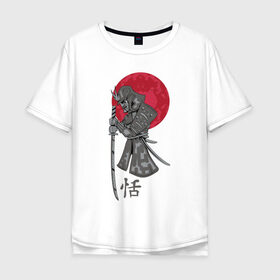 Мужская футболка хлопок Oversize с принтом Самурай в Новосибирске, 100% хлопок | свободный крой, круглый ворот, “спинка” длиннее передней части | japan | katana | moon | samurai | воин | воин самурай | доспехи | доспехи самурая | иероглиф | иероглифы | ироглиф | катана | луна | меч | нагабакама | рисунок | самурай | самурайское кимоно | солнце | хакама