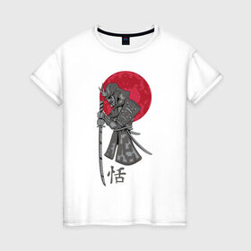 Женская футболка хлопок с принтом Самурай в Новосибирске, 100% хлопок | прямой крой, круглый вырез горловины, длина до линии бедер, слегка спущенное плечо | japan | katana | moon | samurai | воин | воин самурай | доспехи | доспехи самурая | иероглиф | иероглифы | ироглиф | катана | луна | меч | нагабакама | рисунок | самурай | самурайское кимоно | солнце | хакама