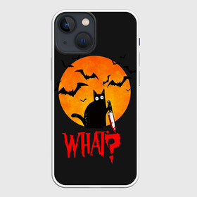 Чехол для iPhone 13 mini с принтом What Cat (Halloween) в Новосибирске,  |  | cat | cats | halloween | moon | what | кот | котенок | коты | котяра | кошак | кошка | летучая | луна | мышь | нож | пушистый | хэллоуин | что