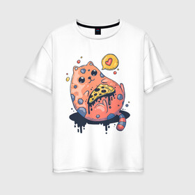 Женская футболка хлопок Oversize с принтом Cat Loves Pizza в Новосибирске, 100% хлопок | свободный крой, круглый ворот, спущенный рукав, длина до линии бедер
 | art | cat | food | heart | pizza | арт | еда | кот | котик | кошка | пицца | сердечко