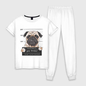 Женская пижама хлопок с принтом Bad Puggy в Новосибирске, 100% хлопок | брюки и футболка прямого кроя, без карманов, на брюках мягкая резинка на поясе и по низу штанин | animal | art | dog | nameplate | pug | арт | животное | мопс | собака | табличка