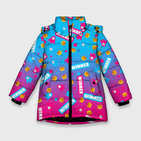 Зимняя куртка для девочек 3D с принтом FALL GUYS в Новосибирске, ткань верха — 100% полиэстер; подклад — 100% полиэстер, утеплитель — 100% полиэстер. | длина ниже бедра, удлиненная спинка, воротник стойка и отстегивающийся капюшон. Есть боковые карманы с листочкой на кнопках, утяжки по низу изделия и внутренний карман на молнии. 

Предусмотрены светоотражающий принт на спинке, радужный светоотражающий элемент на пуллере молнии и на резинке для утяжки. | fall guys | fall guys knockout | fallen guys | falling guys | knockout | фал гайс | фол гайс. | фолл гайс