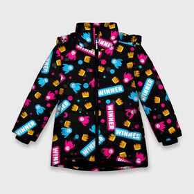 Зимняя куртка для девочек 3D с принтом FALL GUYS в Новосибирске, ткань верха — 100% полиэстер; подклад — 100% полиэстер, утеплитель — 100% полиэстер. | длина ниже бедра, удлиненная спинка, воротник стойка и отстегивающийся капюшон. Есть боковые карманы с листочкой на кнопках, утяжки по низу изделия и внутренний карман на молнии. 

Предусмотрены светоотражающий принт на спинке, радужный светоотражающий элемент на пуллере молнии и на резинке для утяжки. | fall guys | fall guys knockout | fallen guys | falling guys | knockout | фал гайс | фол гайс. | фолл гайс