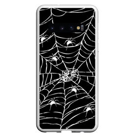 Чехол для Samsung Galaxy S10 с принтом Паутина с пауками в Новосибирске, Силикон | Область печати: задняя сторона чехла, без боковых панелей | black and white | darkness | halloween | horror | night | spider | web | готика | жуки | жуткий | мальчикам | насекомые | нечисть | нити | ночные | ночь | пауки | паутина | подарок | сетка | страшный | темный | тьма | хеллоуин | хоррор