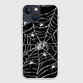 Чехол для iPhone 13 mini с принтом Паутина с пауками в Новосибирске,  |  | black and white | darkness | halloween | horror | night | spider | web | готика | жуки | жуткий | мальчикам | насекомые | нечисть | нити | ночные | ночь | пауки | паутина | подарок | сетка | страшный | темный | тьма | хеллоуин | хоррор