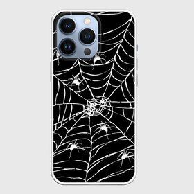 Чехол для iPhone 13 Pro с принтом Паутина с пауками в Новосибирске,  |  | black and white | darkness | halloween | horror | night | spider | web | готика | жуки | жуткий | мальчикам | насекомые | нечисть | нити | ночные | ночь | пауки | паутина | подарок | сетка | страшный | темный | тьма | хеллоуин | хоррор