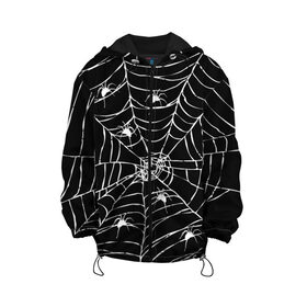 Детская куртка 3D с принтом Паутина с пауками в Новосибирске, 100% полиэстер | застежка — молния, подол и капюшон оформлены резинкой с фиксаторами, по бокам — два кармана без застежек, один потайной карман на груди, плотность верхнего слоя — 90 г/м2; плотность флисового подклада — 260 г/м2 | black and white | darkness | halloween | horror | night | spider | web | готика | жуки | жуткий | мальчикам | насекомые | нечисть | нити | ночные | ночь | пауки | паутина | подарок | сетка | страшный | темный | тьма | хеллоуин | хоррор