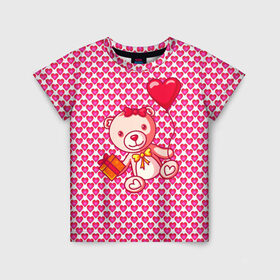 Детская футболка 3D с принтом Медвежонок сюрприз в Новосибирске, 100% гипоаллергенный полиэфир | прямой крой, круглый вырез горловины, длина до линии бедер, чуть спущенное плечо, ткань немного тянется | Тематика изображения на принте: baby | bear | love is | teddy | valentines | бабочка | бантик | валентина | влюбленный | воздушный шарик | девочка | игрушка | лучшая мама | любимая жена | люблю | любовь | малыш | марта | медведь | медвежата | милый