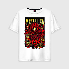 Женская футболка хлопок Oversize с принтом Metallica в Новосибирске, 100% хлопок | свободный крой, круглый ворот, спущенный рукав, длина до линии бедер
 | fangs | group | horns | metallica | neon | octopus | thrash metal | группа | клыки | неон | рога | спрут | трэш металл