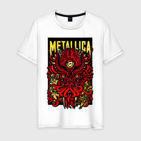 Мужская футболка хлопок с принтом Metallica в Новосибирске, 100% хлопок | прямой крой, круглый вырез горловины, длина до линии бедер, слегка спущенное плечо. | fangs | group | horns | metallica | neon | octopus | thrash metal | группа | клыки | неон | рога | спрут | трэш металл