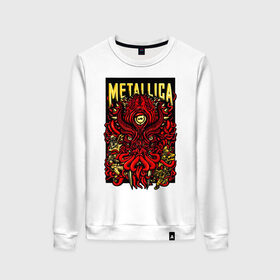 Женский свитшот хлопок с принтом Metallica в Новосибирске, 100% хлопок | прямой крой, круглый вырез, на манжетах и по низу широкая трикотажная резинка  | fangs | group | horns | metallica | neon | octopus | thrash metal | группа | клыки | неон | рога | спрут | трэш металл
