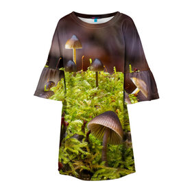 Детское платье 3D с принтом Мох в Новосибирске, 100% полиэстер | прямой силуэт, чуть расширенный к низу. Круглая горловина, на рукавах — воланы | гриб | грибы | дерево | деревья | зелёные | зелёный | зелень | лес | леса | лесной | мох | мхи | пенёк | пеньки | пни | поганка | поганки | природа | природный | флора
