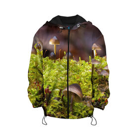 Детская куртка 3D с принтом Мох в Новосибирске, 100% полиэстер | застежка — молния, подол и капюшон оформлены резинкой с фиксаторами, по бокам — два кармана без застежек, один потайной карман на груди, плотность верхнего слоя — 90 г/м2; плотность флисового подклада — 260 г/м2 | Тематика изображения на принте: гриб | грибы | дерево | деревья | зелёные | зелёный | зелень | лес | леса | лесной | мох | мхи | пенёк | пеньки | пни | поганка | поганки | природа | природный | флора